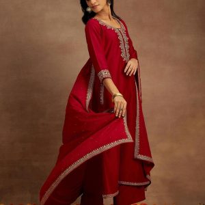 maroon-yoke-design-silk-blend-a-line-kurta-with-palazzos-and-dupatta-libas-1